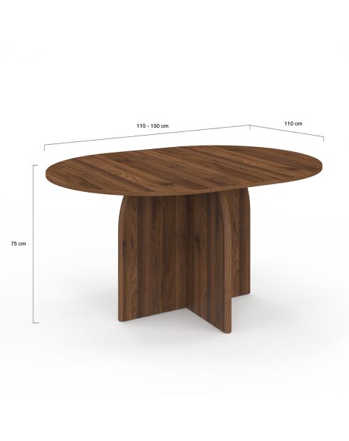 Table à manger ronde extensible Japandi bois effet noyer - 110/150x110x75 cm