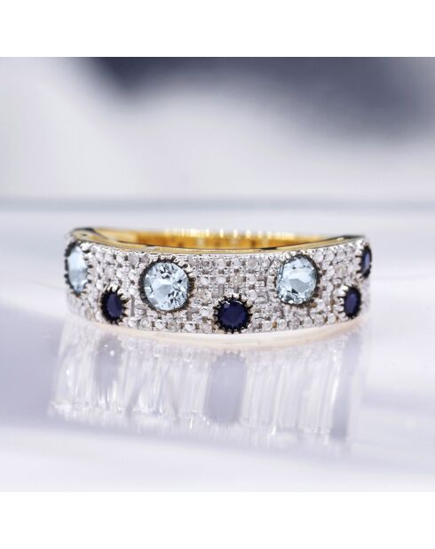 Bague Majunga Diamants 0.0035 ct Saphirs 0.1 ct Topazes Bleues 0.176 ct or jaune