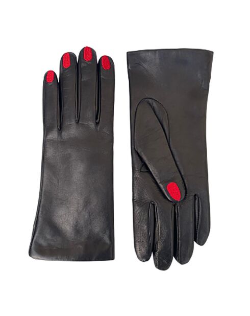 Gants en Cuir d'Agneau doublés Laine Rennes noir/rouge