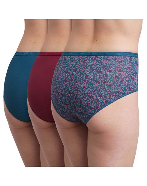 3 Culottes en Coton Bio rouge carmin/bleu/vert