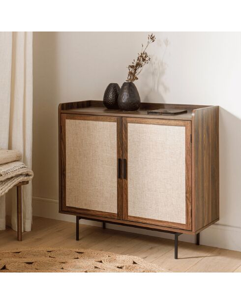 Buffet 2 portes décor noyer avec façades en tissu  l80 cm - jetson