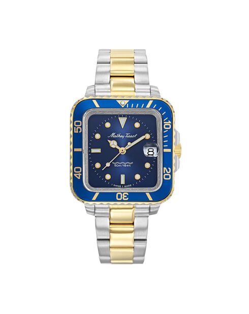 Montre Femme en Acier Mathy Square argenté/doré/bleu