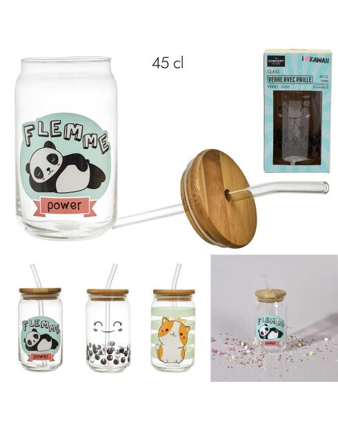 Verre couvercle bambou paille Kawaii modèle aléatoire 45cl transparent
