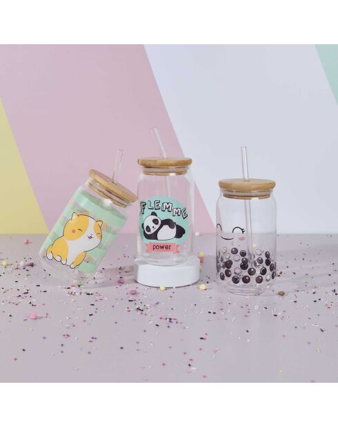 Verre couvercle bambou paille Kawaii modèle aléatoire 45cl transparent
