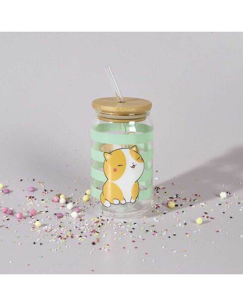 Verre couvercle bambou paille Kawaii modèle aléatoire 45cl transparent