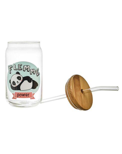 Verre couvercle bambou paille Kawaii modèle aléatoire 45cl transparent