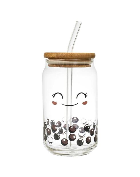 Verre couvercle bambou paille Kawaii modèle aléatoire 45cl transparent