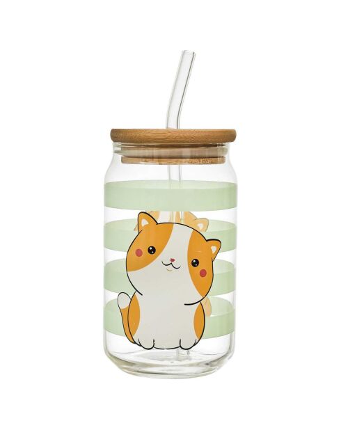 Verre couvercle bambou paille Kawaii modèle aléatoire 45cl transparent