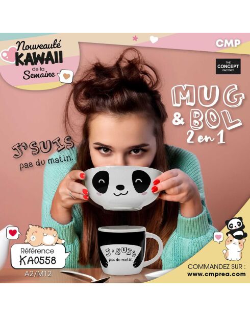 Mug et bol Kawaii modèle aléatoire blanc/noir/beige