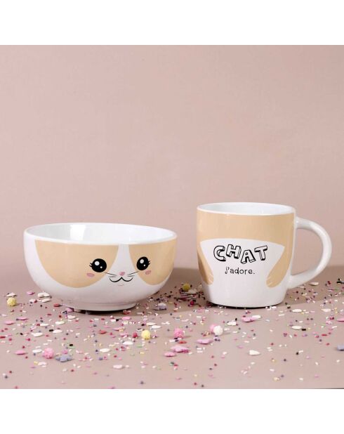 Mug et bol Kawaii modèle aléatoire blanc/noir/beige