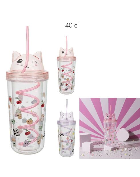 Verre de transport à paille Chat Kawaii modèle aléatoire 40cl rose/violet
