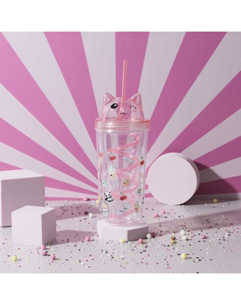 Verre de transport à paille Chat Kawaii modèle aléatoire 40cl rose/violet