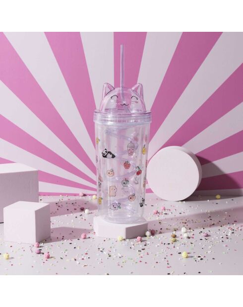 Verre de transport à paille Chat Kawaii modèle aléatoire 40cl rose/violet