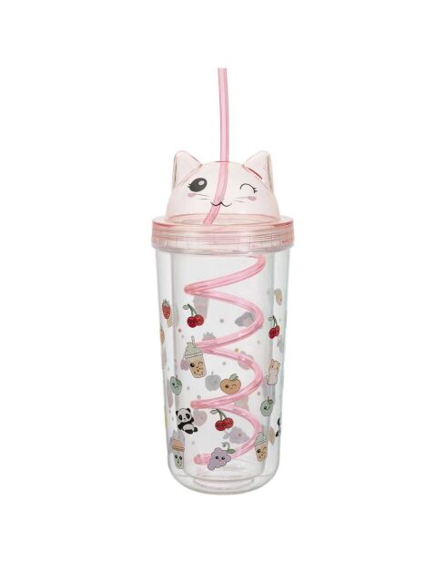 Verre de transport à paille Chat Kawaii modèle aléatoire 40cl rose/violet