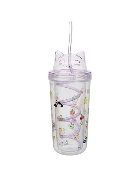 Verre de transport à paille Chat Kawaii modèle aléatoire 40cl rose/violet