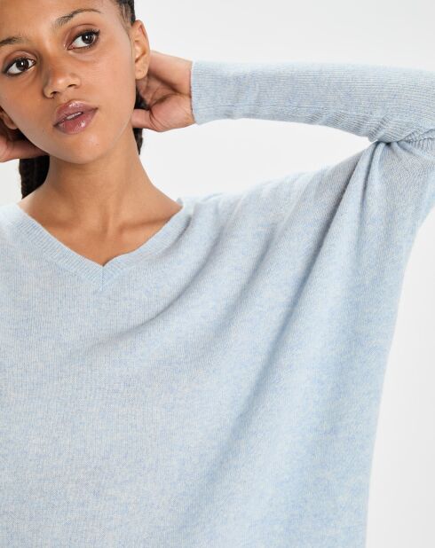 Poncho large 100% Cachemire col V Emma icy blue