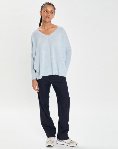 Poncho large 100% Cachemire col V Emma icy blue