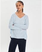 Poncho large 100% Cachemire col V Emma icy blue