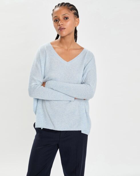 Poncho large 100% Cachemire col V Emma icy blue