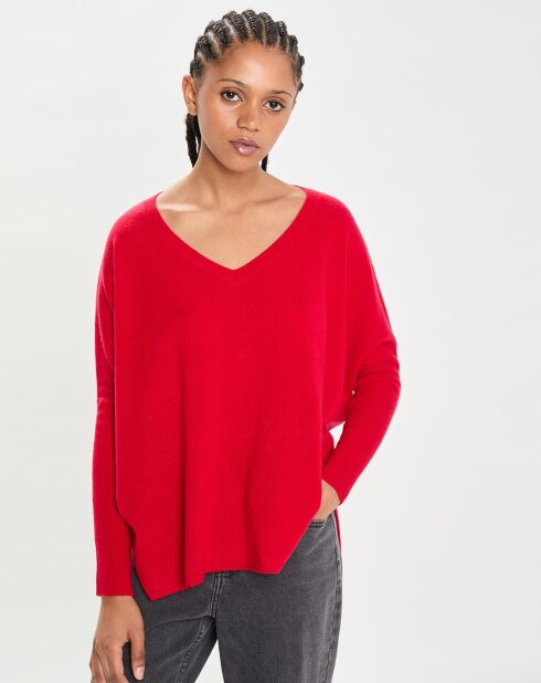 Poncho large 100% Cachemire col V Emma cerise