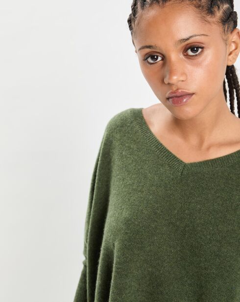 Poncho large 100% Cachemire col V Emma forest