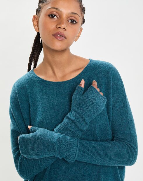 Mitaines 100% Cachemire poignets en côtes Mindy heathered teal