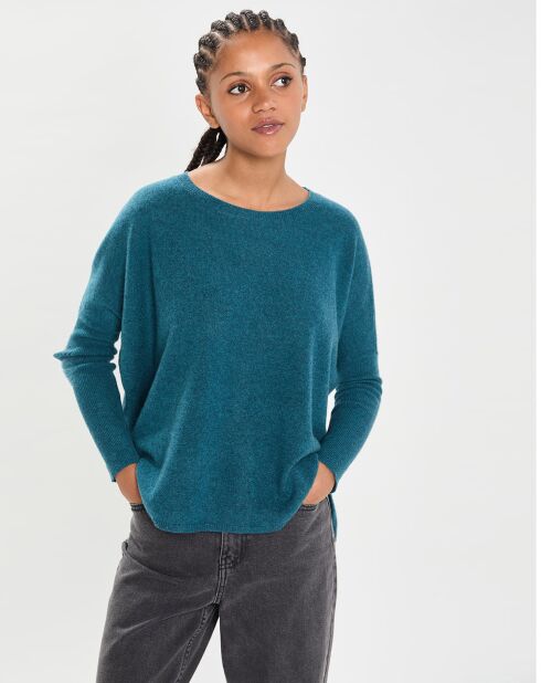 Poncho large 100% Cachemire col rond Alizée heathered teal