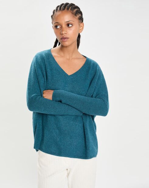 Poncho large 100% Cachemire col V Emma heather teal