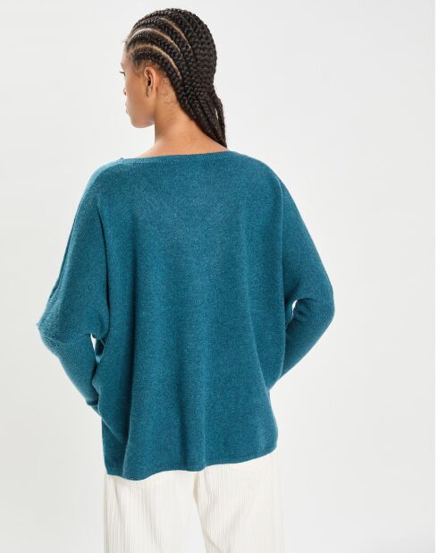 Poncho large 100% Cachemire col V Emma heather teal