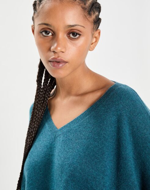 Poncho large 100% Cachemire col V Emma heather teal