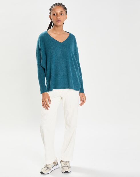 Poncho large 100% Cachemire col V Emma heather teal
