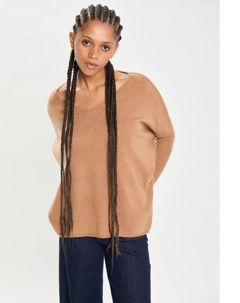 Poncho large 100% Cachemire col V Emma mocha