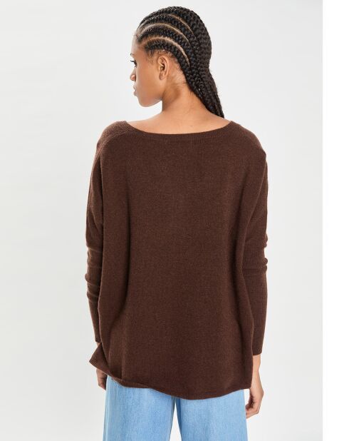 Poncho large 100% Cachemire col V Emma brownie