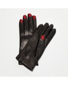 Gants en Cuir d'Agneau doublés Laine Rennes noir/rouge