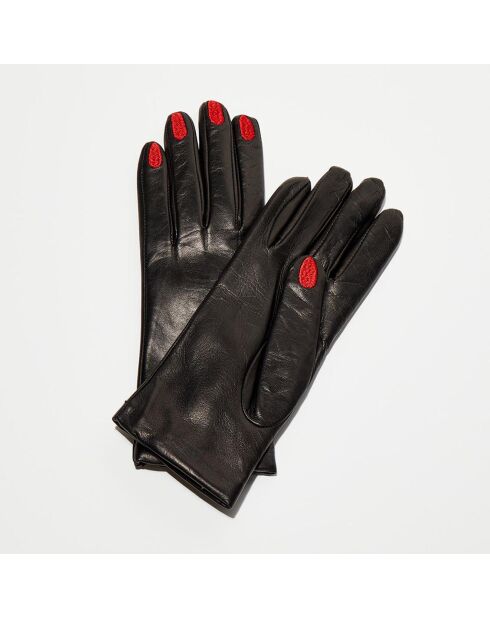 Gants en Cuir d'Agneau doublés Laine Rennes noir/rouge