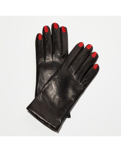 Gants en Cuir d'Agneau doublés Laine Rennes noir/rouge