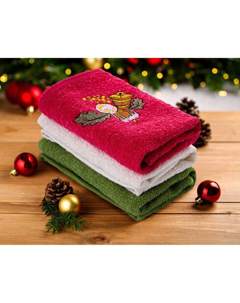 3 Serviettes De Bain vert/rouge/blanc -  30x50 cm