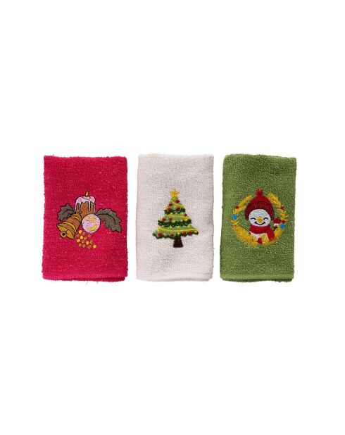 3 Serviettes De Bain vert/rouge/blanc -  30x50 cm