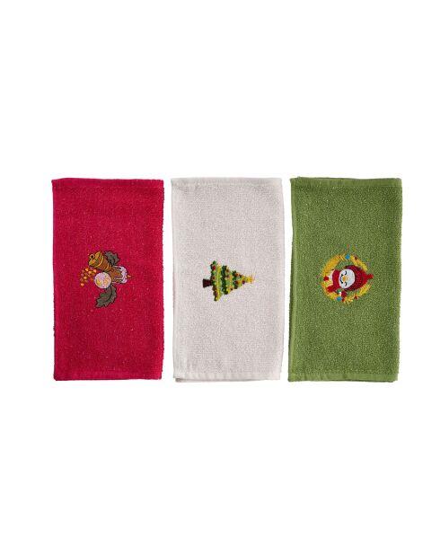3 Serviettes De Bain vert/rouge/blanc -  30x50 cm