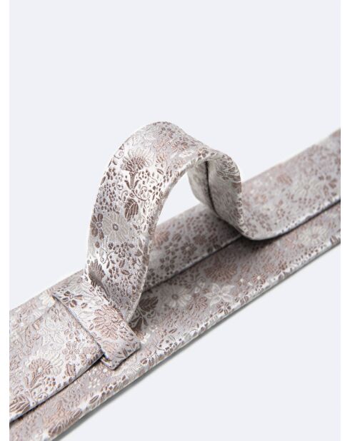 Cravate fleurie en 100% Soie beige automne