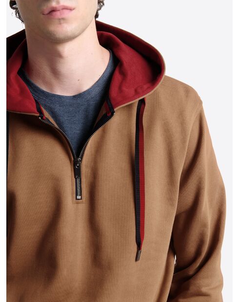 Sweat regular zippé à capuche en coton caramel