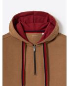 Sweat regular zippé à capuche en coton caramel