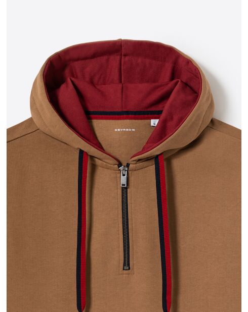 Sweat regular zippé à capuche en coton caramel
