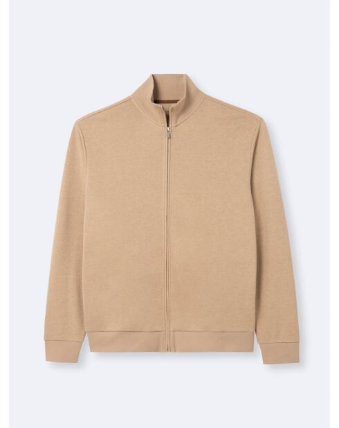 Sweat zippé col montant en coton beige automne
