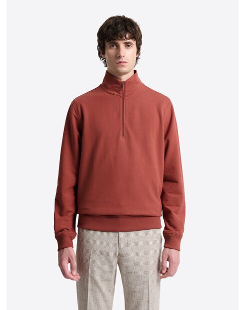 Sweat regular col montant zippé en coton orange brulé