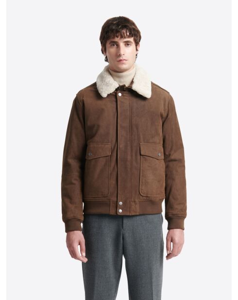 Blouson col sherpa en cuir cognac