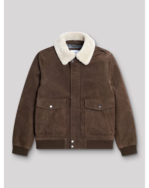 Blouson col sherpa en cuir cognac