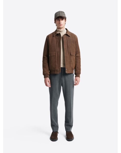 Blouson col sherpa en cuir cognac