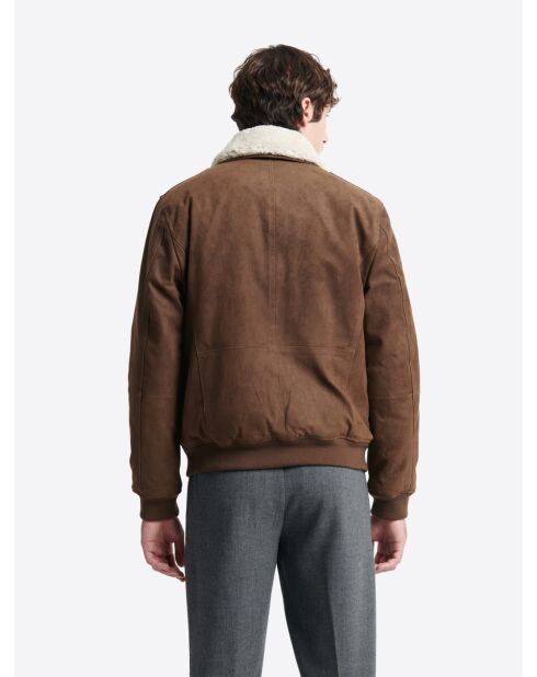 Blouson col sherpa en cuir cognac