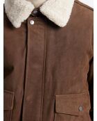 Blouson col sherpa en cuir cognac